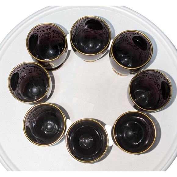 Vintage Amethyst Decanter Set 8 Hand-Painted Cups Gold Gilded Raised Floral Desi - Picture 2 of 16